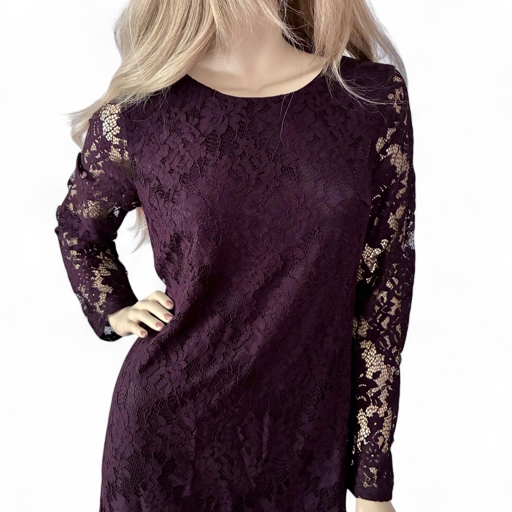 Plum Lace Shift Dress NWT Small | Retro 60s Mod Style | Long Sleeve Mini - Picture 2 of 9